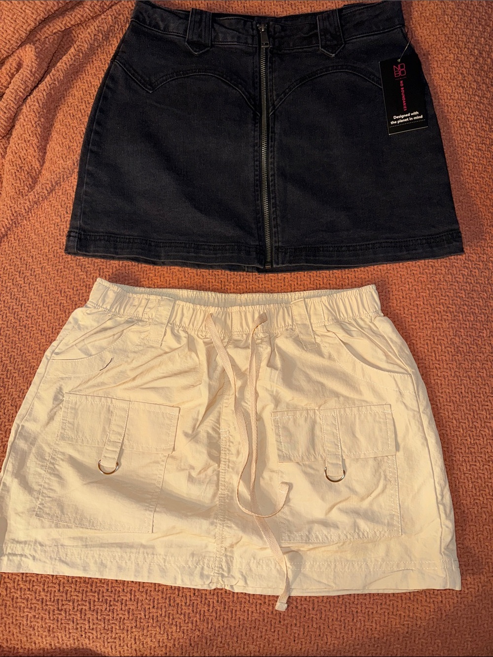 Black Denim Zip-Front Mini Skirt and khaki sporty skirt
